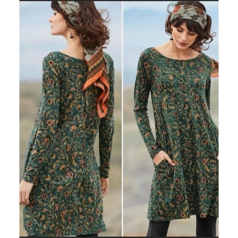 Peruvian Connection Pima Cotton Modal Floral Tunic Dress Green Pink Large L
